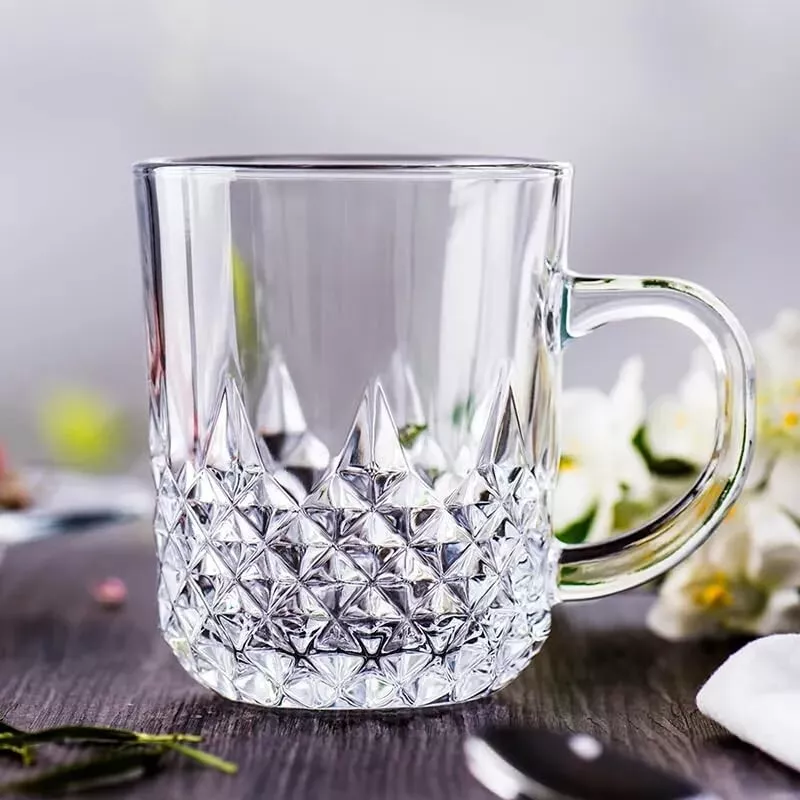 Set Of 6 DELI CRYSTAL BAS Glass Coffee Mugs Hot Drinks Mocha Tea Cup 25cl, 240ML