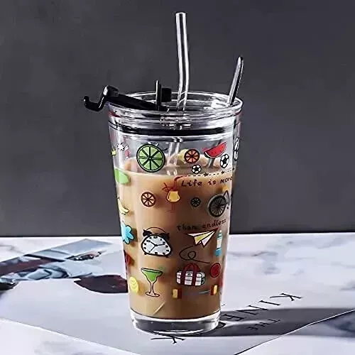 3 X 450ml Glass Cup With Lid Straw Coffee Mug Tea Juice Cup Water Cup ASSORTED