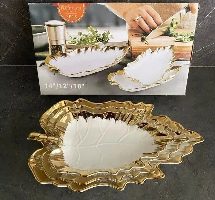 Luxury ceramic leaf serving plates set with gold rim for fruits and snacks elegant tableware
