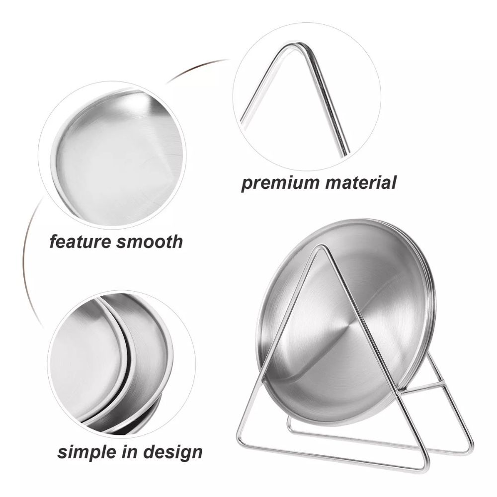One set of a round stainless steel dinner plates with plates holder Silver.