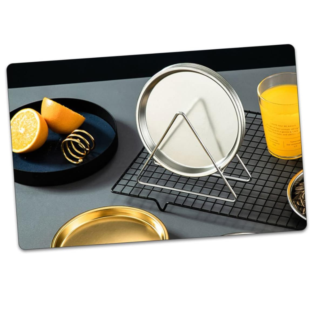One set of a round stainless steel dinner plates with plates holder Silver.